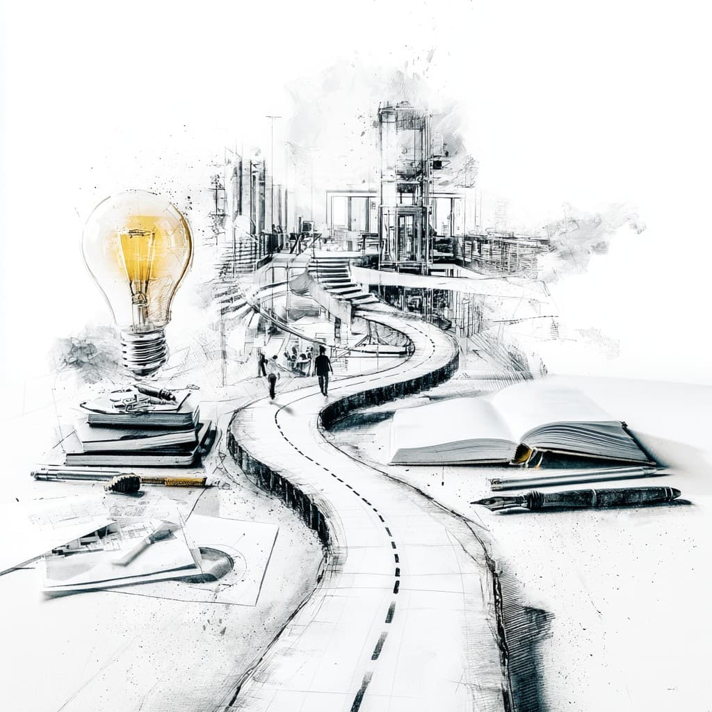 A winding pathway leading toward a sketched horizon, with books, plans, and a glowing lightbulb beside the route — representing exploration and career progress.